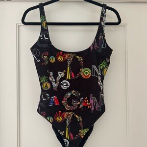 Versace Black One-Piece Swimsuit with Multicolor Logo Print